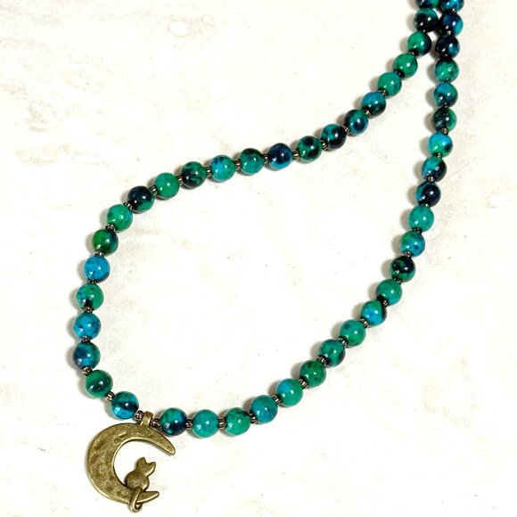 Teal Chrysocolla Short Necklace, Genuine Gemstone & Bronze Cat on the Moon Charm - Picture 7 of 13